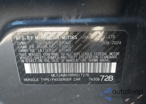 2024 Mitsubishi Mirage Es/Le из США, поврежденный, VIN ML32AUHJ9RH017276